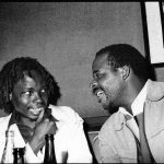 May 1987: Dambudzo Marechera (left) and Charles Mungoshi in conversation in Harare, Zimbabwe. (Photograph by Ernst Schade/Humboldt University of Berlin)
