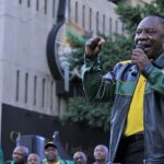 12 May 2019: President Cyril Ramaphosa addresses ANC supporters outside Luthuli House during an election victory celebration. Ramaphosa admitted that the campaign was difficult, and thanked supporters for having confidence in the party. (Photograph by Gallo Images/Laird Forbes)