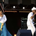 11 June 2005: From left, Bongo Maffin members Thandiswa Mazwai and Adrian Mupemhi performing at the 46664 Arctic concert at Fyllingen in Tromso, Norway. (Photograph by Dave Hogan/Getty Images)