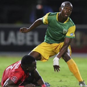 7 March 2020: Nkosinathi Sibisi of Golden Arrows and Gabadinho Mhango of Orlando Pirates during an Absa Premiership match at Sugar Ray Xulu Stadium in Durban, South Africa. (Photograph by Anesh Debiky/ Gallo Images)