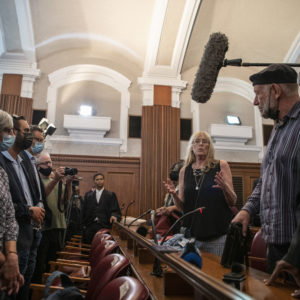 4 March 2022: Elizabeth Floyd, Neil Aggett’s partner at the time of his death, addresses his friends and family after Judge Motsamai Makume had delivered his judgment.